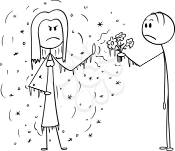 Vector cartoon stick figure drawing conceptual illustration of man in love offering flowers to cold, undersexed or frigid woman that is rejecting him.