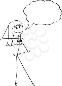 Vector cartoon stick figure drawing of young sexy woman wearing underwear or lingerie or bikini and standing in seductive pose and saying something. Empty speech bubble ready for your text.