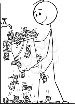 Vector cartoon stick figure drawing conceptual illustration of man or businessman turning the water faucet or tap on and catching dollar bills falling in to bucket.
