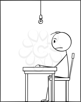 Vector cartoon stick figure drawing conceptual illustration of lonesome frustrated man sitting alone in depression in his apartment.