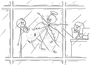 Vector cartoon stick figure drawing conceptual illustration of flying angel who crush into office or commercial high rise building window. Workers are watching him shocked.
