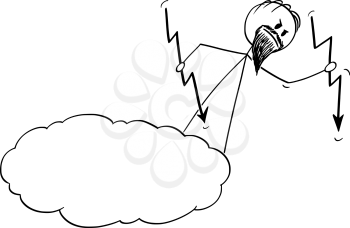 Vector cartoon stick figure drawing conceptual illustration of angry god casting or throwing lightnings from heaven or cloud.