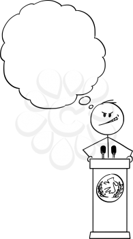 Vector cartoon stick figure drawing conceptual illustration of evil man or politician speaking or having speech to public or followers on podium behind lectern.