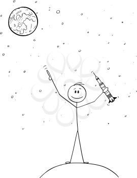 Vector cartoon stick figure drawing conceptual illustration of man holding rocket model and pointing at Moon or Mars. Space exploration concept.