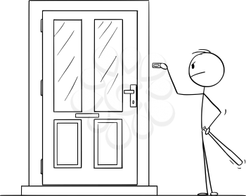 Vector cartoon stick figure drawing conceptual illustration of man with baseball bat ringing the door bell. Concept of violence and crime.