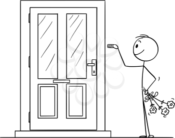 Vector cartoon stick figure drawing conceptual illustration of smiling man in love with flowers ringing the door bell.
