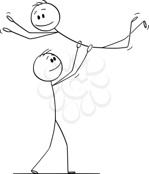 Vector cartoon stick figure drawing conceptual illustration of homosexual gay couple of two men performing dance pose lift during dancing.