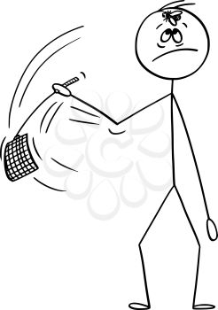 Vector cartoon stick figure drawing conceptual illustration of man going to swat the fly sitting on hos forehead with swatter, flapper or fly-flap.