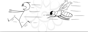 Vector cartoon stick figure drawing conceptual illustration of man running away in fear from mosquito or insect.