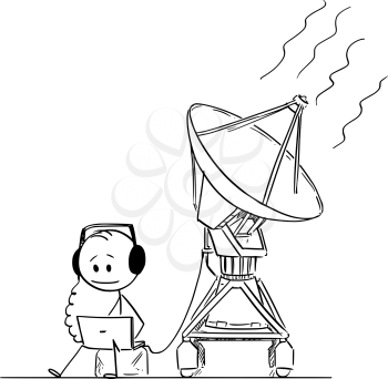 Vector cartoon stick figure drawing conceptual illustration of man or scientist watching and hearing alien space signal from NASA SETI antenna.