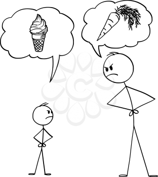 Vector cartoon stick figure drawing conceptual illustration of man or father or parent and boy or son fighting or arguing about healthy food, ice cream and carrot vegetable.