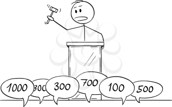 Vector cartoon stick figure drawing conceptual illustration of auctioneer with gavel or hammer during auction, people are bidding to win.