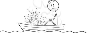 Vector cartoon stick figure drawing conceptual illustration of frustrated man or businessman sitting in rowing boat and watching the water squirting inside with resignation. Boat is sinking.