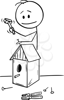 Vector cartoon stick figure drawing conceptual illustration of man building birdhouse for birds with hand tools like hammer and nails in workshop.