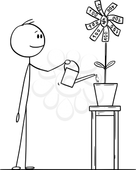 Vector cartoon stick figure drawing conceptual illustration of man or businessman watering flower in pot blooming with money or bills.