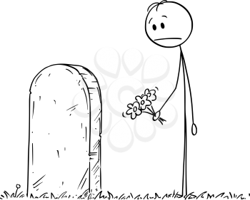 Vector cartoon stick figure drawing conceptual illustration of sad man with flower visiting grave on cemetery.