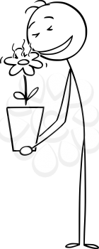 Vector cartoon stick figure drawing conceptual illustration of man enjoying smelling to beautiful flower in plant pot.