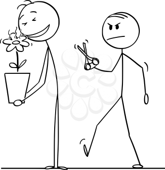 Vector cartoon stick figure drawing conceptual illustration of man enjoying smelling to beautiful flower in plant pot, envious colleague is going with scissors.