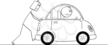 Vector cartoon stick figure drawing conceptual illustration of humanoid robot pushing broken or out of gas car. Concept or robotic car.