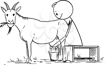 Vector cartoon stick figure drawing conceptual illustration of man or farmer milking goat.