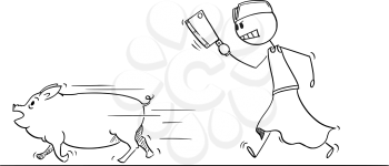 Vector cartoon stick figure drawing conceptual illustration of angry butcher or slaughterer with cleaver or chopper or meat-ax chasing pig on the run.