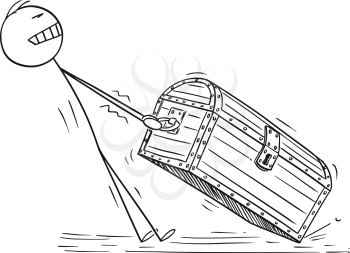 Vector cartoon stick figure drawing conceptual illustration of man or businessman pulling big and heavy wooden treasure chest. Concept of success.