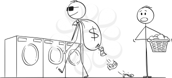 Vector cartoon stick figure drawing conceptual illustration of man or businessman or criminal going to lauder dirty money in laundry.