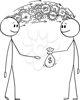 Vector cartoon stick figure drawing conceptual illustration of man or businessman sharing his knowledge and information for money.