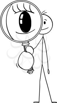 Vector cartoon stick figure drawing conceptual illustration of man or detective looking through magnifying glass or magnifier.