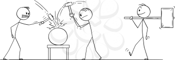 Vector cartoon stick figure drawing conceptual illustration of two men or businessmen beating an object with hammers, third man is going with bigger hammer. Concept of cracking or solving problem.