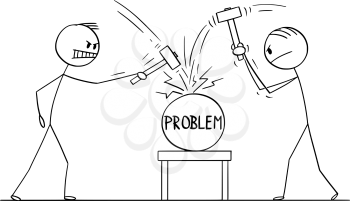 Vector cartoon stick figure drawing conceptual illustration of two men or businessmen beating problem with hammers. Concept of cracking or solving problem.