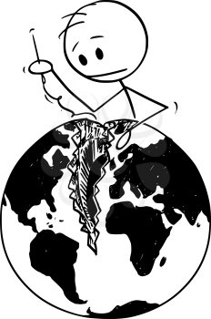 Vector cartoon stick figure drawing conceptual illustration of man with needle sewing broken world, globe or Earth. Concept of reconciliation of Atlantic nations and peacemaking.