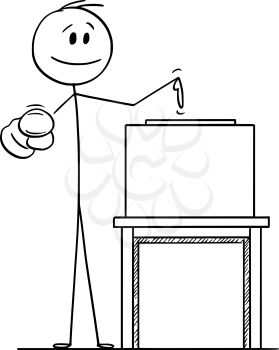 Vector cartoon stick figure drawing conceptual illustration of man pointing at voter or elector and on ballot box to inspire to vote in elections.