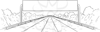 Vector cartoon black and white drawing illustration of forward going highway and big empty sign.