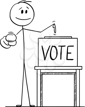 Vector cartoon stick figure drawing conceptual illustration of man pointing at voter or elector, and on ballot box with vote text to inspire to vote in elections.