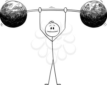 Vector cartoon stick figure drawing conceptual illustration of man or businessman lifting heavy weight. Business concept.
