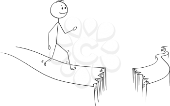 Cartoon stick figure drawing conceptual illustration of man or businessman walking on path broken by abyss. Business concept of obstacles and risk on the way.
