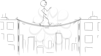 Cartoon stick figure drawing conceptual illustration of man or businessman walking between high buildings on unstable and shaky bridge.
