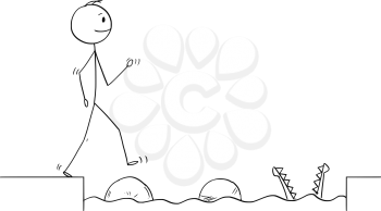 Cartoon stick figure drawing conceptual illustration of man or businessman stepping on big stones to get over water obstacle on his way to success ignoring danger.Business concept.