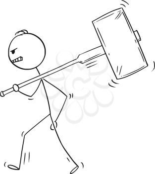 Cartoon stick figure drawing conceptual illustration of angry man or businessman walking with big hammer on his shoulder.