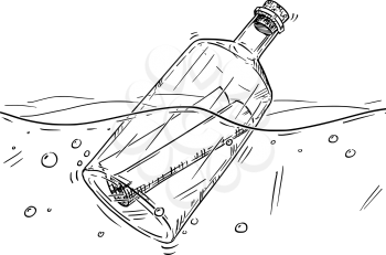 Cartoon drawing illustration of paper message in old glass bottle floating in ocean.