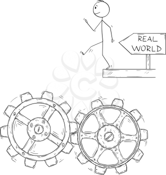 Cartoon stick figure drawing conceptual illustration of man or businessman walking artless and falling down in to machine cogwheels.Metaphor of expectations and real world.