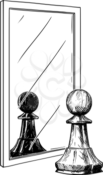 Cartoon drawing and conceptual illustration of white chess pawn reflecting in mirror as black. Metaphor of good and evil inside of human being.