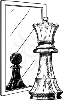 Cartoon drawing and conceptual illustration of white chess pawn reflecting in mirror as black king. Metaphor of confidence.