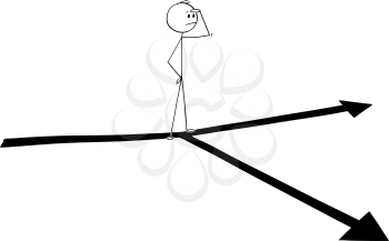 Cartoon drawing and conceptual illustration of confused man standing on fork on the road crossroad and thinking about future or strategy.
