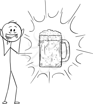 Cartoon stick figure drawing conceptual illustration of crazy and thirsty man who see vision of glass beer mug or pint.