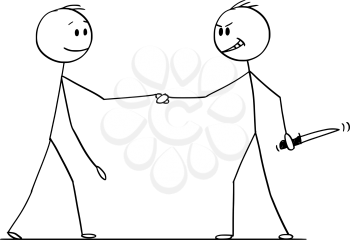 Cartoon stick figure drawing conceptual illustration of two men or businessmen or politicians handshaking, one of them with knife hidden in hand.
