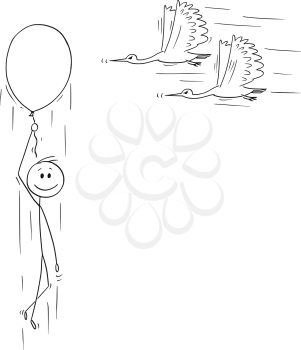 Cartoon stick figure drawing conceptual illustration of happy man or businessman flying up on inflatable party balloon while two birds with pointed beaks are flying to the balloon. Concept of danger and risk.