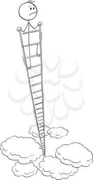 Cartoon stick figure drawing conceptual illustration of dissatisfied man or businessman looking around from the top of very high ladder. Business concept of success and satisfaction.