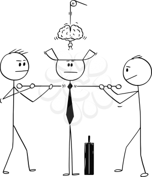 Cartoon stick figure drawing conceptual illustration of two technicians constructing or assembling together businessman or politician from parts.